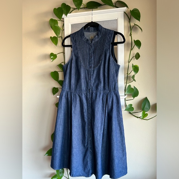 THRE3 Sleeveless Dark Blue Denim Vibes Button Up Fit & Flare Belted Dress EUC - Picture 6 of 16